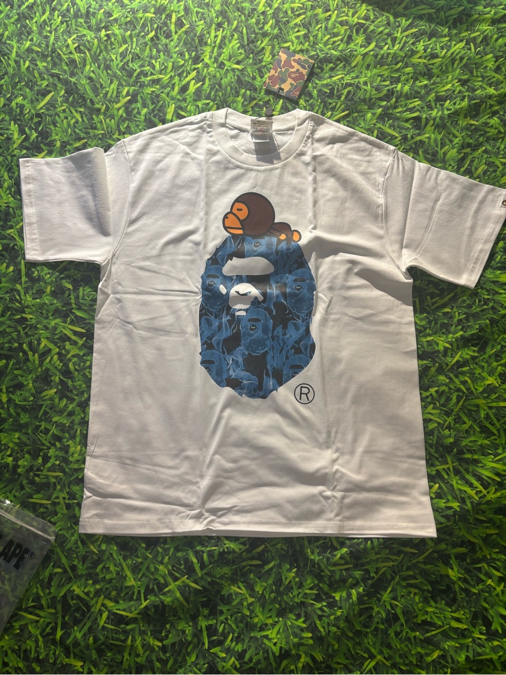 Bape White T-Shirt with Brown Ape Head and Blue Graphic